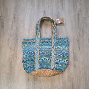 Mair boomie Upcycled Sair Tote Bag Tan Brown Beige & Blues 12 X 16